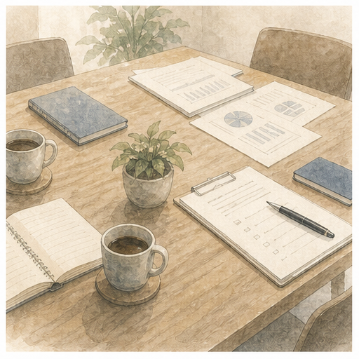 家計資料とノートを広げた相談テーブルの水彩イラスト